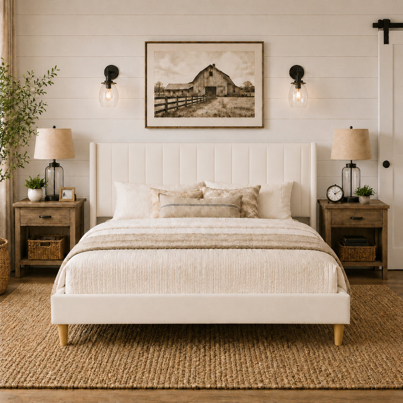 Eriksay Low Profile Upholstered Platform Bed with Wingback Headboard, King, Cream Velvet