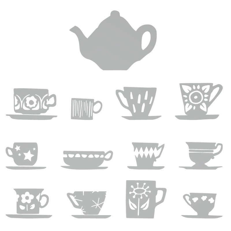 Décalcomanie murale tasses de thé, Argent, H 32 po x l 33 po x P 0,01 po