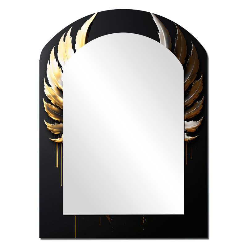 Black Silver And Gold Angel Wings II - Wings Angel Asymmetrical Unique Wall Mirror, Modern Unique Shape Mirror, Printed Metal Art