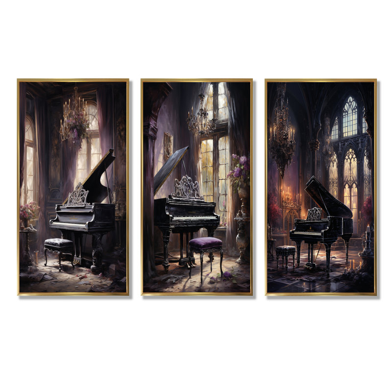 Gothic Piano Grandeur - Ensemble de 3 décorations murales piano musical, Cadre flottant doré, H 40 po x l 60 po
