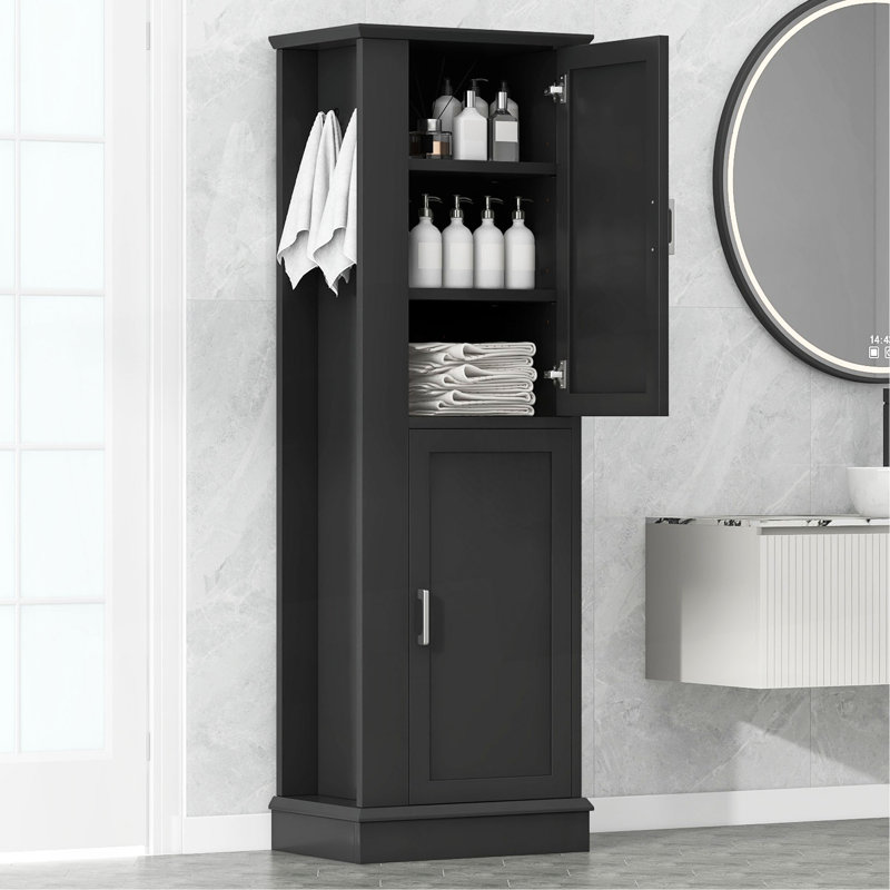 Grande armoire de rangement pour salle de bain, armoire de rangement autoportante avec crochet et tablette réglable
