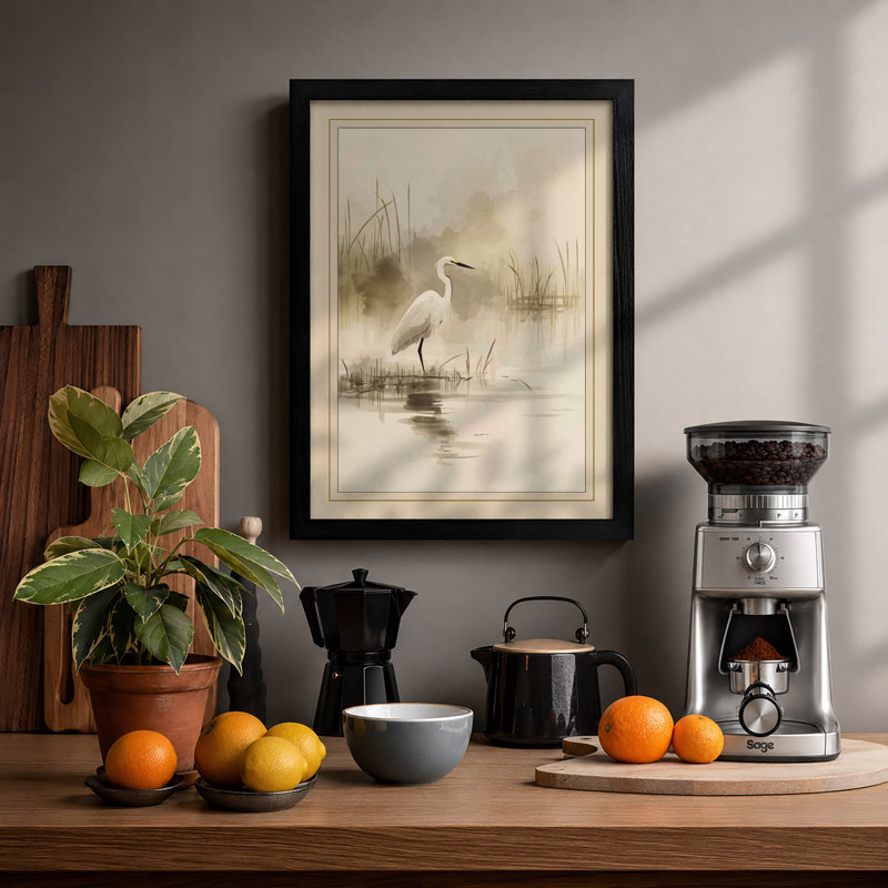 Heron In Morning Mist Japandi - Print, A2 - 59.4 x 42.0 cm, Black