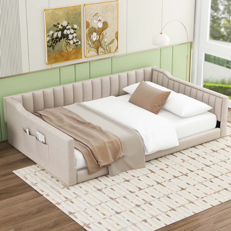 Upholstery Daybed and Side Storage pocket, Beige, Full/Double