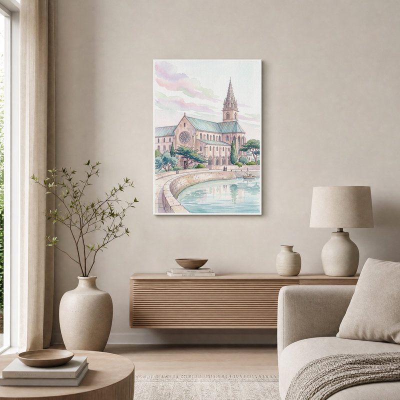 Aquarelle, cathédrale, toit vert, art mural sur toile, H 30 po x l 20 po