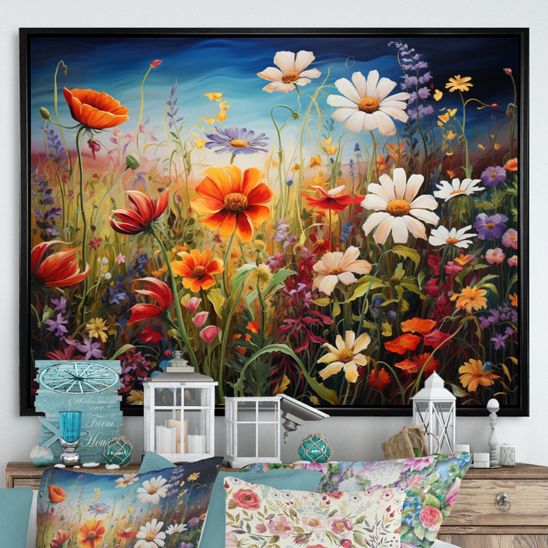 Fleurs colorées, symphonie III, art mural fleurs sauvages, Cadre flottant noir, H 16 po x l 32 po x P 1 po