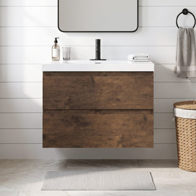 Meuble-lavabo suspendu flottant en mélamine de bois de 30 po avec lavabo intégré en résine et carbonate de calcium, quincaillerie de qualité supérieure à fermeture en douceur, aménagement de rangement intelligent et spacieux (entièrement assemblé)