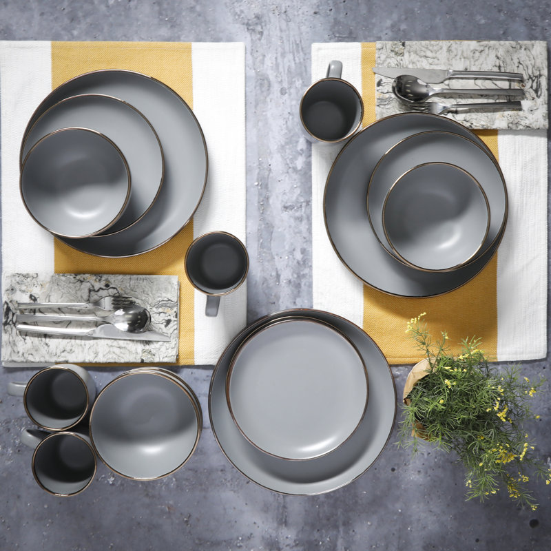 Gray and Gold Rim Ceramic Dinnerware Set, Service for 4