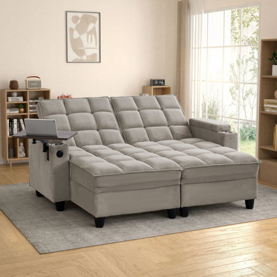 Convertible Chaise Lounge Sofa with USB&Type-C, 2 Cup Holders, Side Table, Under-seat Storage&Storage Armrests