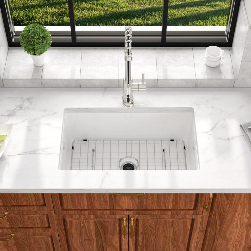 32" L x 19" W Undermount/Drop-In Kitchen Sink Single Bowl Premium White Fireclay Kitchen Sink Scratch-Resistant & Easy Clean
