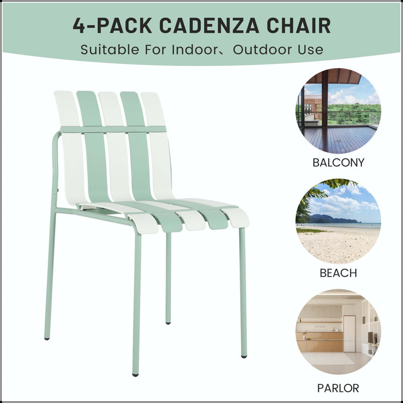 Été - Ensemble de 4 chaises de salle à manger à blocs de couleur rayés avec siège en PP et pieds en métal (blanc et vert)