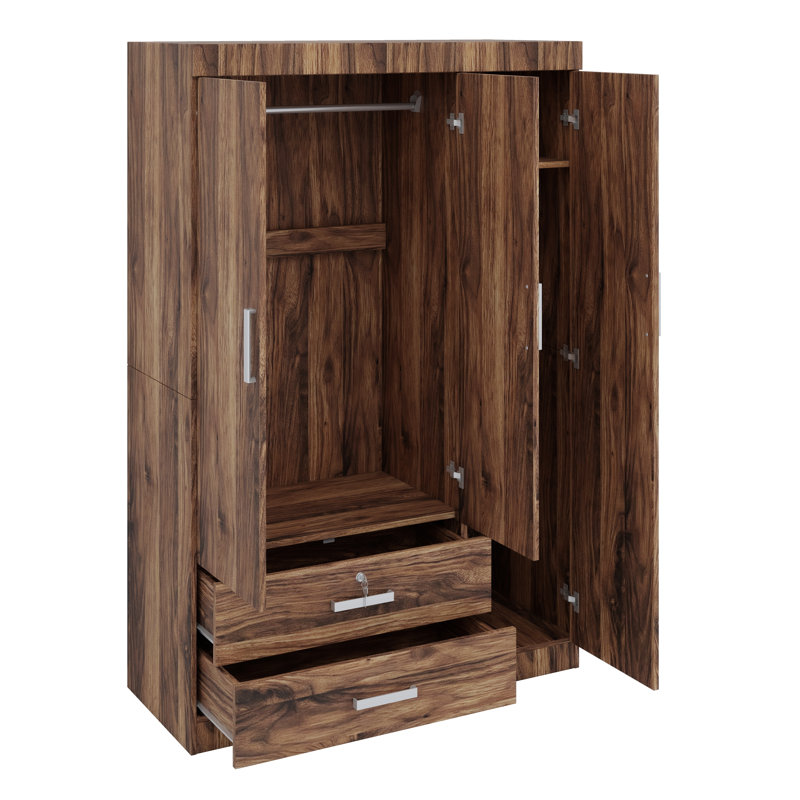 Armoire spacieuse à trois portes conçue avec des tiroirs intégrés et une tringle de suspension robuste, Brown