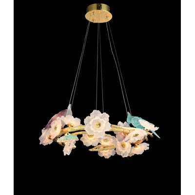 LIULI Glass Art Birds And Blooms Chandelier Lighting, 35" Dia