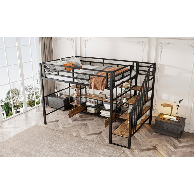 Full Size Metal Loft Bed With Staircase, Table & Shelves, Black - Modern Low Storage Functional