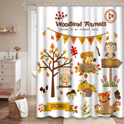 Woodland Cute Squirrel Owl Pumpkin Fall Shower Curtain with 12 Hooks