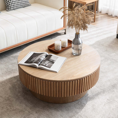 Table basse 31,5 po ronde avec rangement Table d'appoint moderne en placage de bois massif pour salon, chambre à coucher, appartement ou bureau, bois naturel