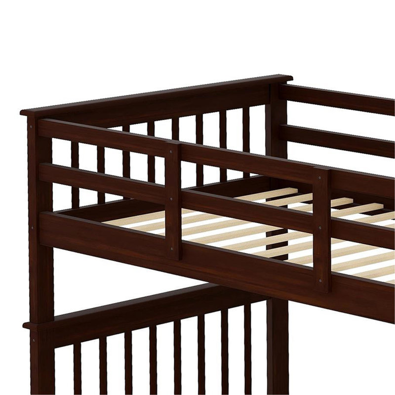 Lit superposé simple au-dessus de simple avec rangement et barrière de sécurité pour chambre à coucher, dortoir, Espresso