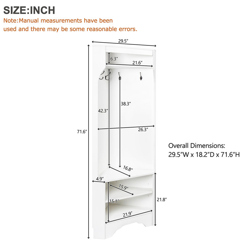 Arbre d'entrée minimaliste avec banc à chaussures, portemanteau polyvalent avec 4 crochets, armoire d'angle avec tablette réglable pour le couloir et le salon, l 29,5 po x H 71,6 po