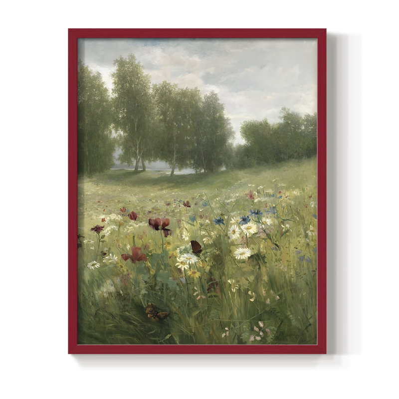 Reproduction florale rétro avec encadrement Ccc - bois massif, H 21 po x l 17 po, Rouge