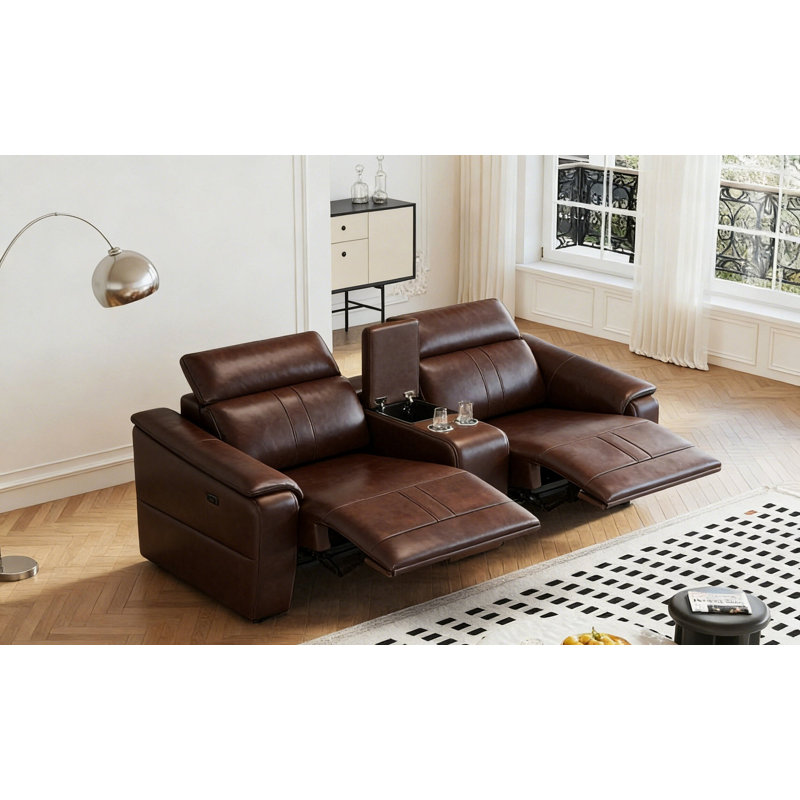 Canapé modulaire en cuir 4 pièces avec 2 porte-gobelets et canapé modulaire confortable pour le salon, Cuir brun foncé