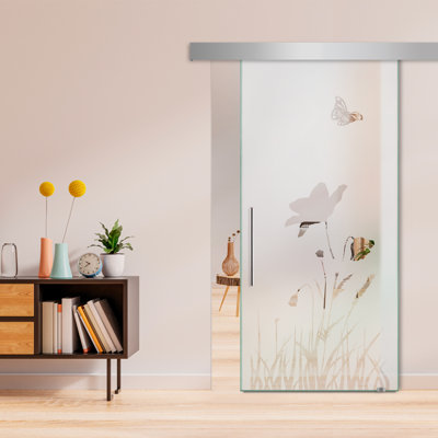 Frameless Glass Sliding Barn Door with Frosted Modern Design + Hardware Kit (Semi-Private)