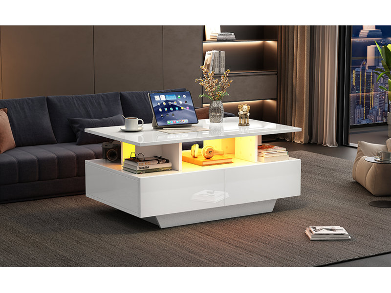 Table basse moderne de 35,4 pouces avec lumières DEL et beaucoup de rangement Valora, Blanc