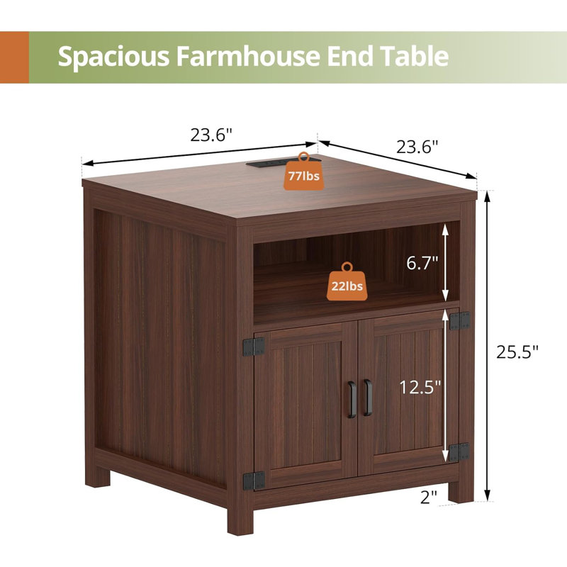 24" Farmhouse End Table With Charging Station, Large Side Table With Storage Cabinet And Open Shelf, Brown