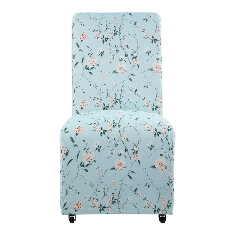 Chaise d'appoint rembourrée Colette avec roulettes, Chinoiserie bleu sarcelle clair et rose