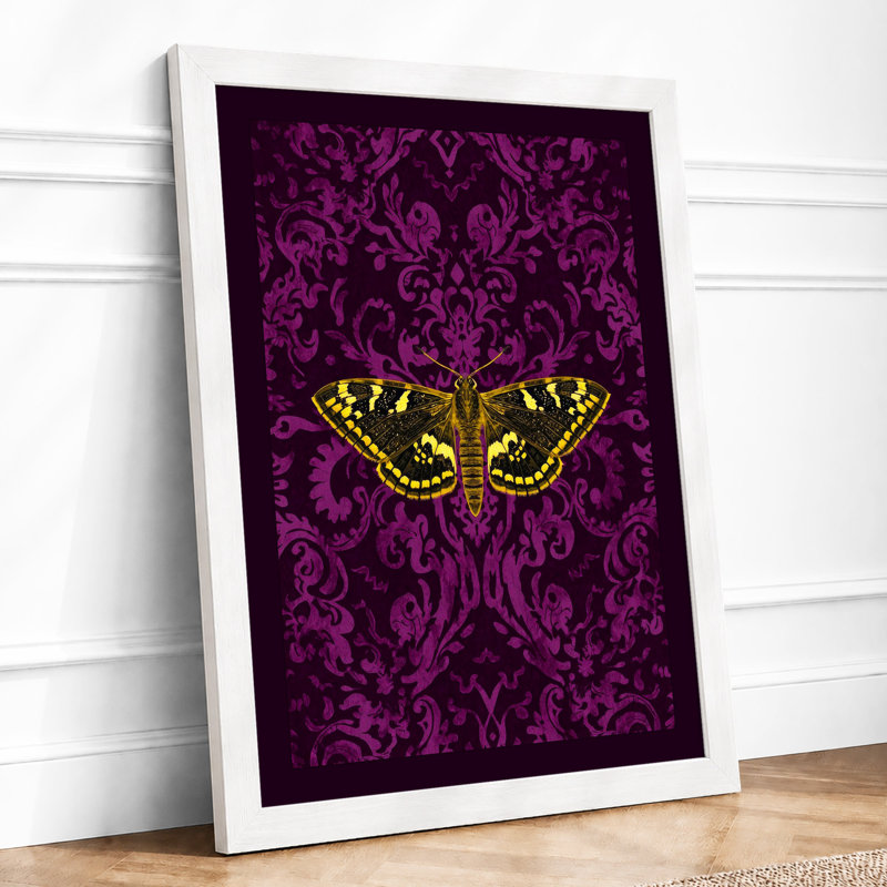 Butterfly on Damask Maximalist - Framed Print, A2 - 59.4 x 42.0 cm, White