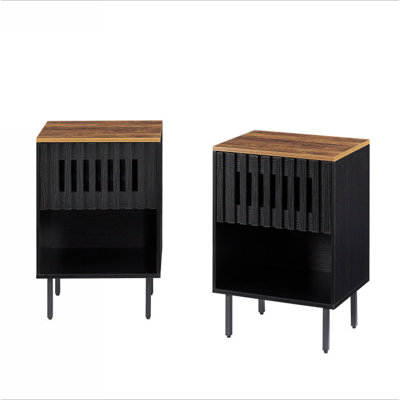 Ensemble de 2 tables de chevet avec portes grillagées rayées, table de chevet moderne Mid-Century, table de chevet avec tiroir à lattes, tables de bout avec pieds en métal, table de chevet pour chambre à coucher