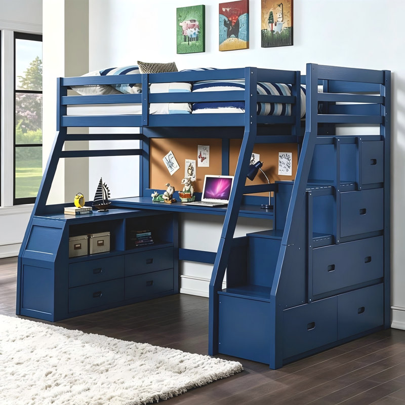 Lit mezzanine double bleu marine avec escalier