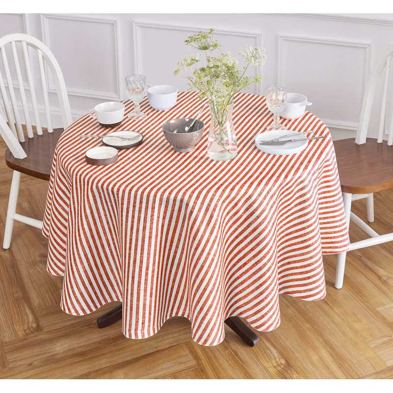 60" Round Red and White Linen Striped Tablecloth