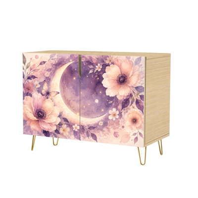 Modern Floral Crescent Moon Watercolor Flowers Butterfly Sideboard Buffet Cabinet with 2 Concealed Storage Doors Accent Console Cabinet Space-Saving Freestanding Storage Furniture for Living Room Kitchen Entryway and Coffee Bar