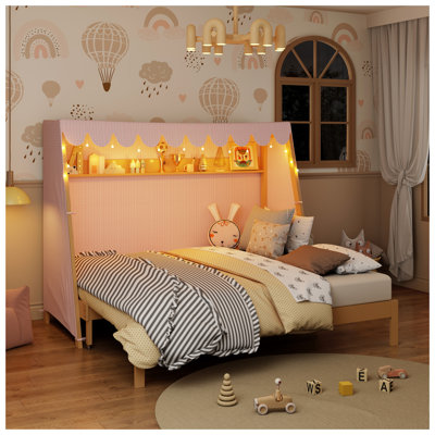 Twin XL House Bed with Twin XL Trundle, Shelf, Tent and Light, Natural