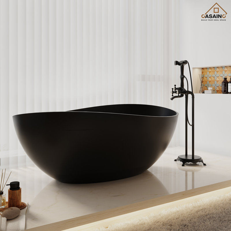 Baignoire de trempage autoportante à surface solide en pierre 63 po Loop, Noir mat