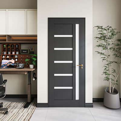 30" x 80" Black 5-Panel PVC Solid Core MDF Interior Prehung Door with Quick Assemble Jamb