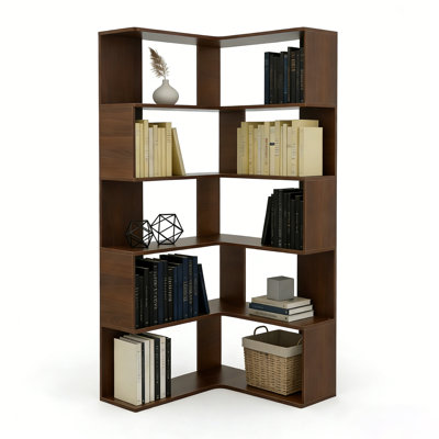 6-tier Corner Bookshelf, 66" Tall L-shaped Open Bookcase With Baffle & Anti-tip Device, Freestanding Display Shelf For Living Room, Bedroom, Home Office – Walnut
