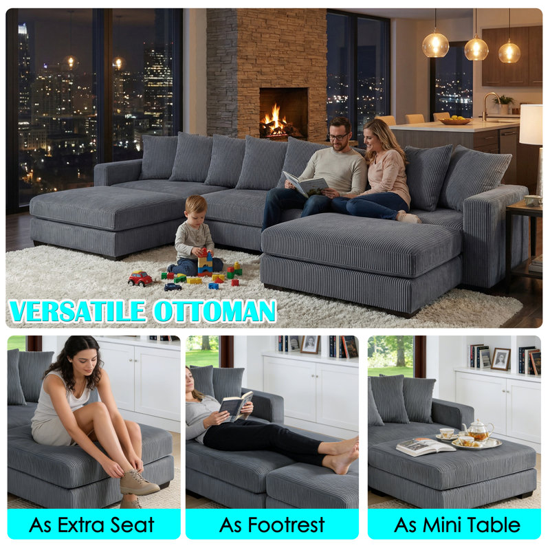Oversized Modular Sectional Sofa, Corduroy, Navy/Dark Gray/Light Gray, Dark Gray