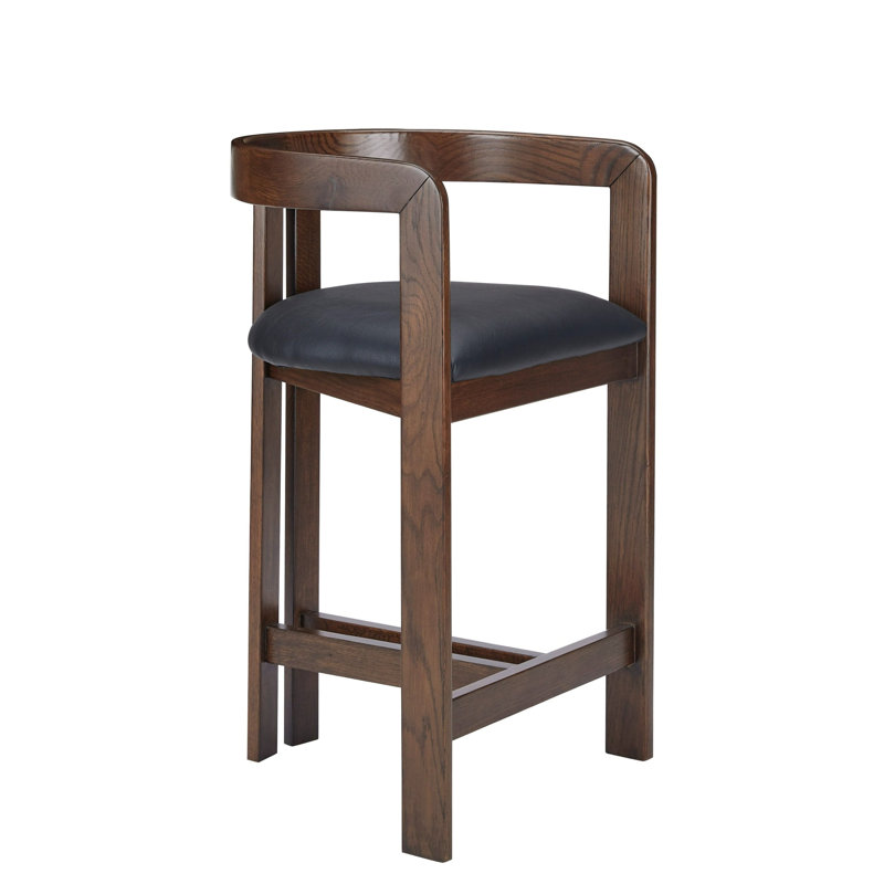 Tabouret de comptoir Lulani 25,7, Similicuir noir / structure en chêne brun