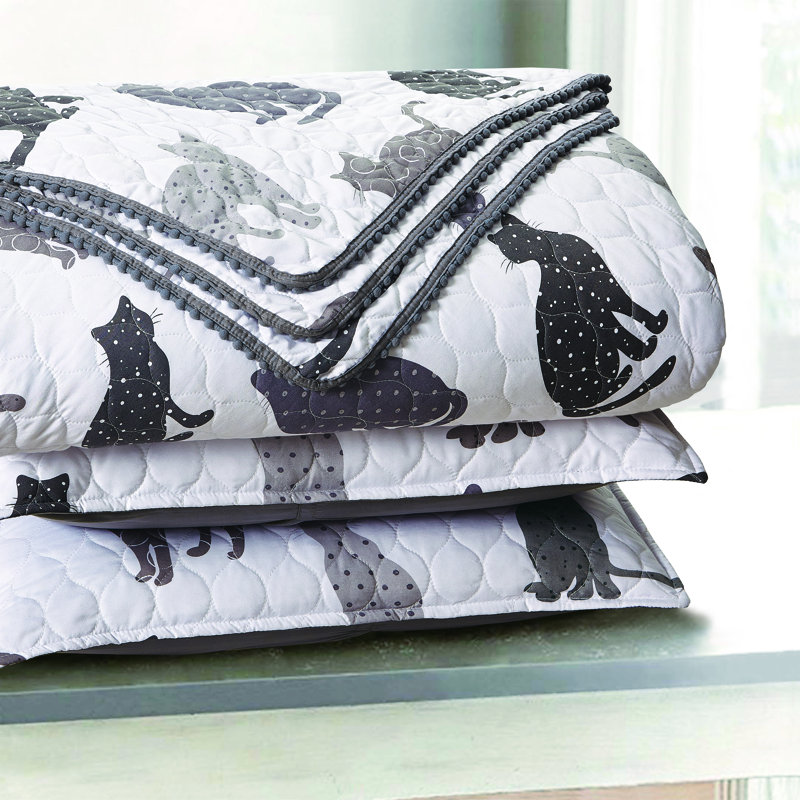 Gray Cats Pompom Trimmed Microfiber Full Quilt Set