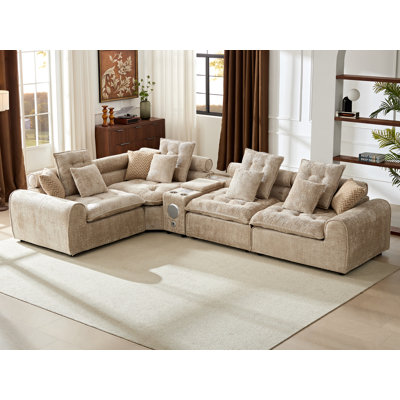 137''W Luxury Boucle Modular Sofa L-Shaped Deep Seat Compressed Sectional Sofa with Blueooth Speeker And Wireless Charger for Living Room