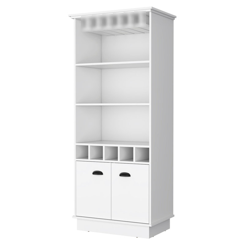 White Bar Cabinet With Versatile Storage Solutions - 3 Shelves, 5 Bottle , Glassware Rack Feature Elegant Practical Space
