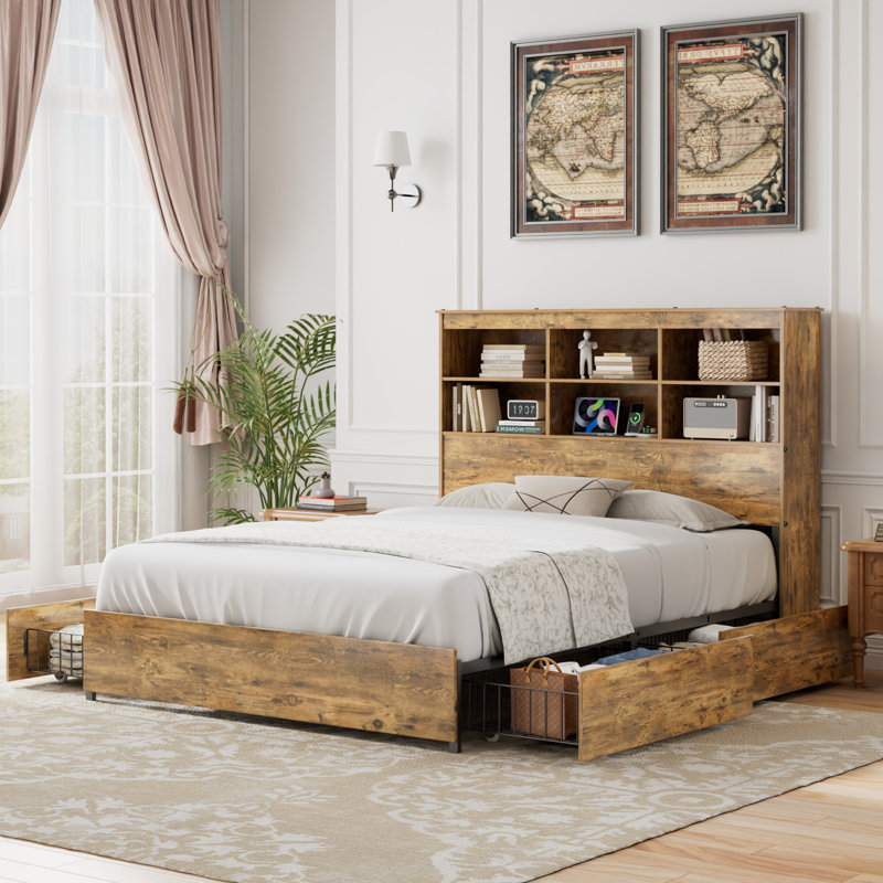 Bookcase Bed With Storage Drawer & Charging Station, Wooden Platform Bed Frame With Tall Bookcase Headboard, No Box Spring Needed