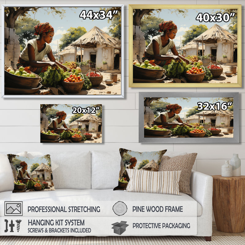 African Vibrant Market III On Canvas Print, 24" H x 32" W x 1" D, Gold Single Picture Framed