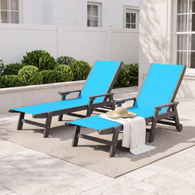HDPE & PVC-coated polyester Outdoor Chaise Loungers with Arms, 5-Position Adjustable Backrest, Wheeled, Hidden Cup Holders, Set of 2