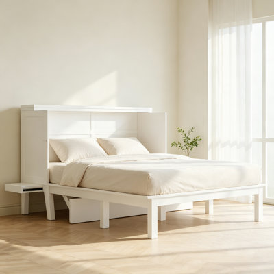 Queen Size Murphy Bed with USB Port and removable Shelves on Each Side,White