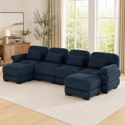 Burwell Cloud Couch U-Shaped Modular 4-Seater Sectional Sofa with 2 Ottomans, Adjustable Backrests, Detachable Arm Pillows and Lumbar Pillows, Olive Corduroy