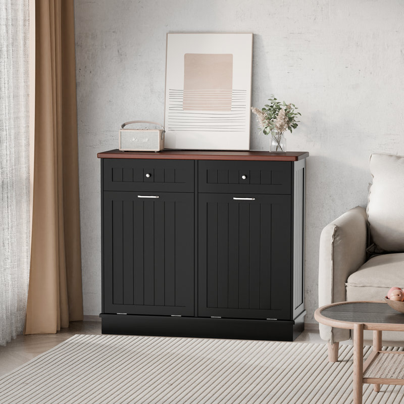 Black Double Tilt Out Trash Cabinet with Countertop and Drawer