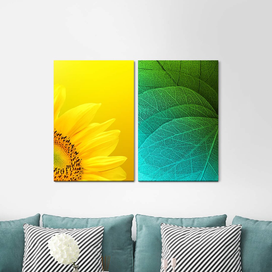 2-tlg. Leinwandbilder-Set - Grafikdruck „Sunflower Yellow Leaves Plant Green”