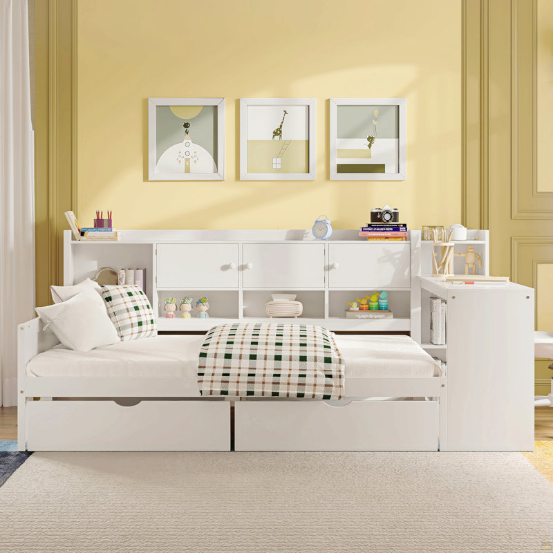 Wooden L-Shape Daybed With Seven Storage Cabinets And Two Storage Drawers, Multi-Functional Bed With Study Desk And Built-In Bookshelf