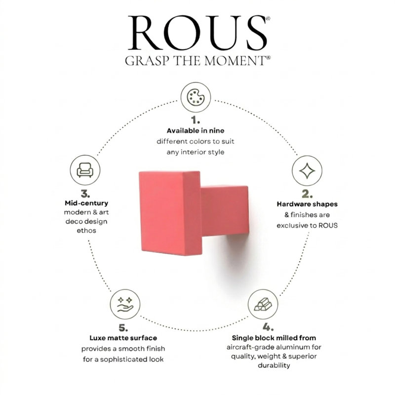 ROUS Hardware Art Deco Square Knob, Blush (Pink)